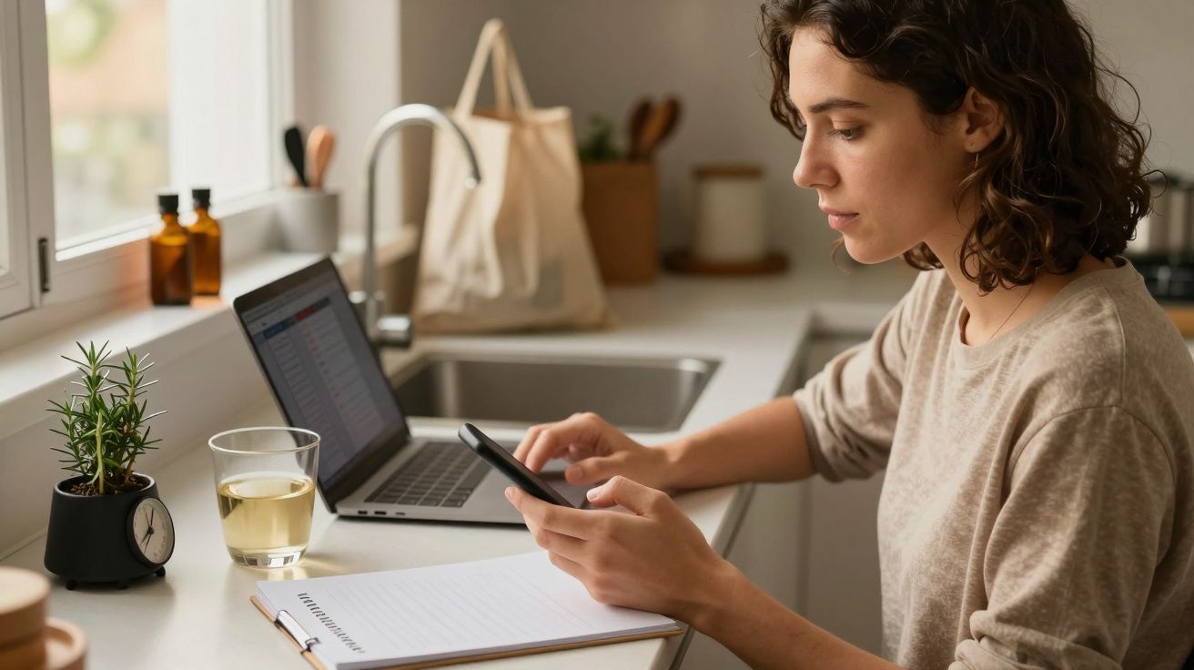 Mulher a trabalhar na cozinha, olhando para o telemóvel, com portátil e copo na mesa ao lado de um pequeno vaso.