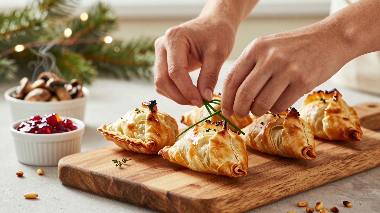 Mãos decoram pastéis folhados dourados numa tábua de madeira. Ao lado, um ramequim com cogumelos e outro com molho vermelho.
