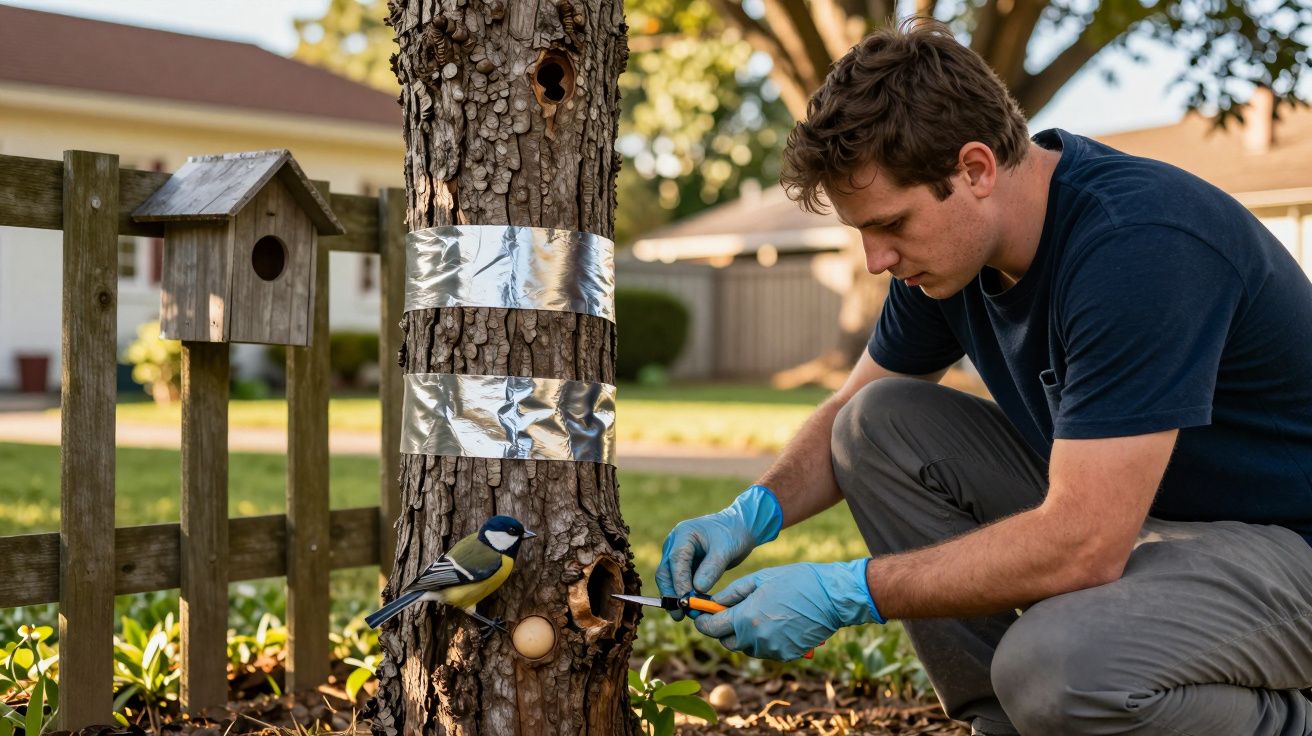 Homem de luvas mexe em buraco de árvore com fita adesiva enquanto pássaro observa.