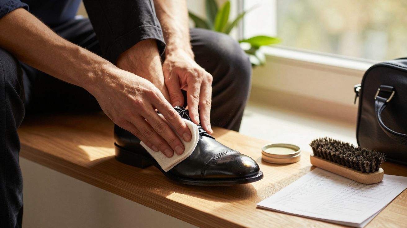 Pessoa a limpar sapatos de couro pretos com um pano, ao lado de escova e creme, numa bancada junto à janela.
