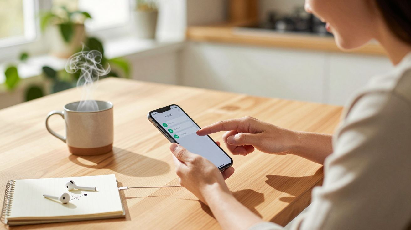 Mulher usando smartphone junto a chávena de café, caderno e auriculares sobre uma mesa de madeira.