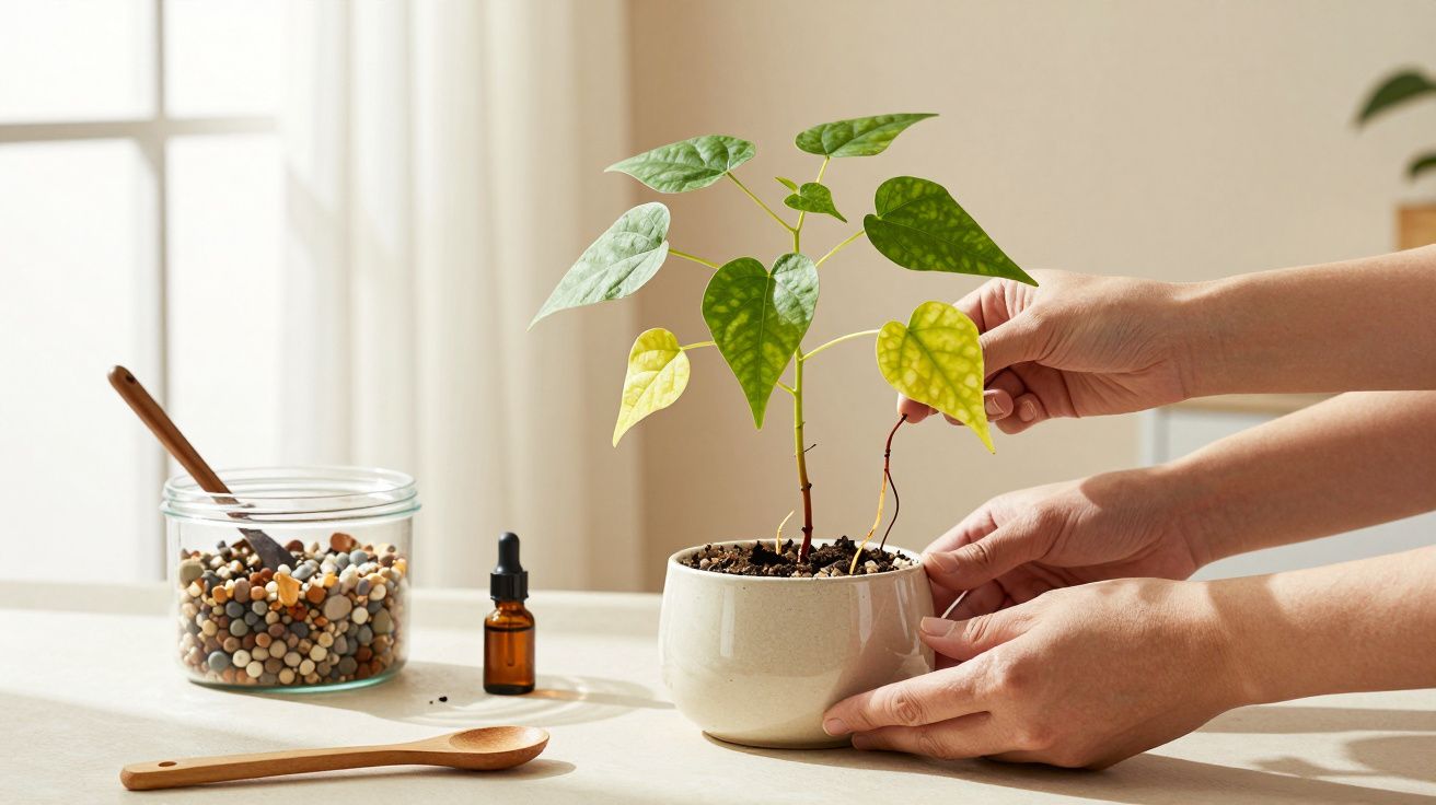 Mãos cuidando de uma planta em vaso branco. Ao lado, frasco de vidro com pedras e garrafa pequena de óleo essencial.