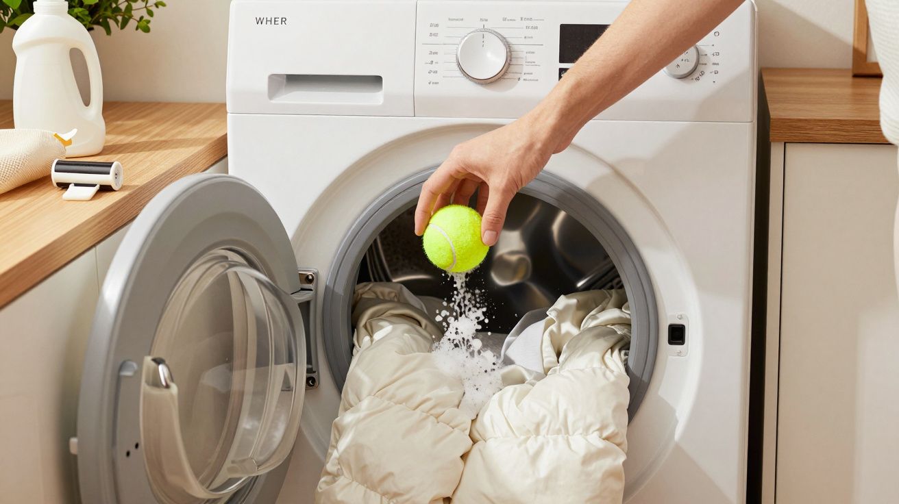 Pessoa coloca uma bola de ténis verde numa máquina de lavar aberta com um edredão e detergente em pó.