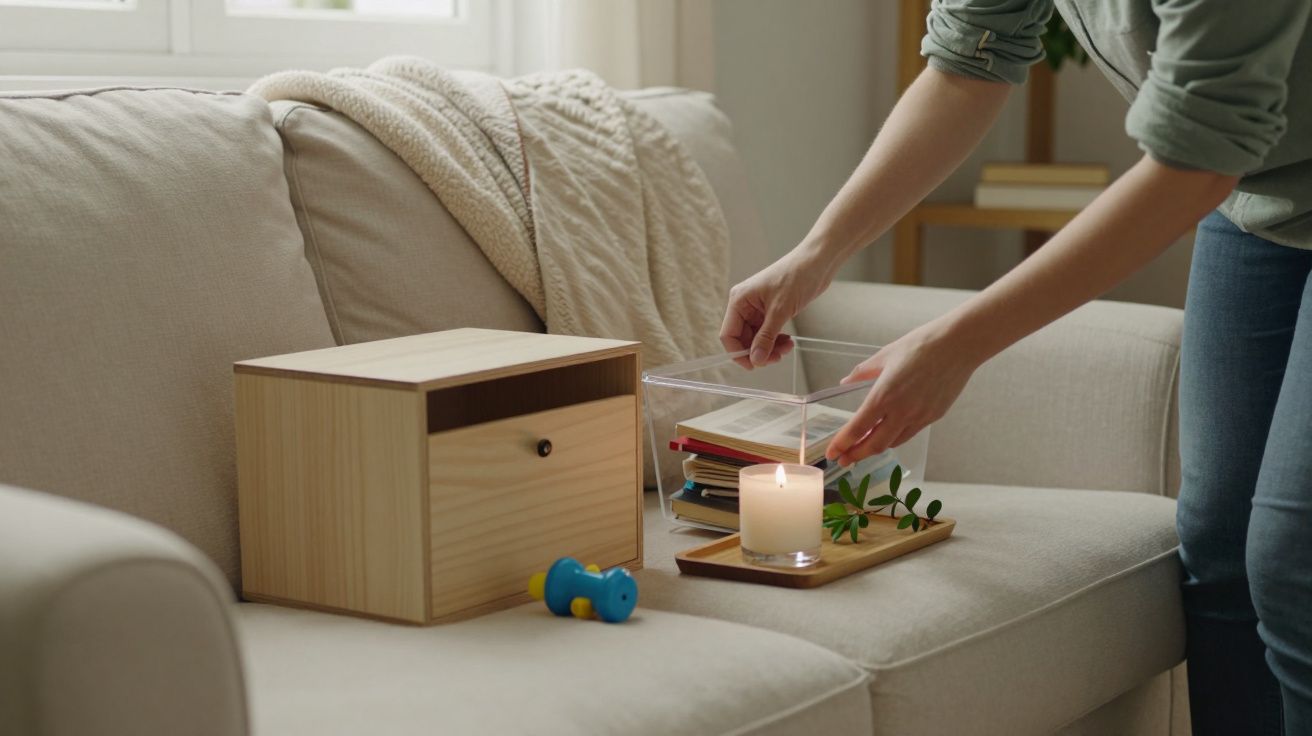 Pessoa arruma caixas e vela numa sala com sofá bege e manta.