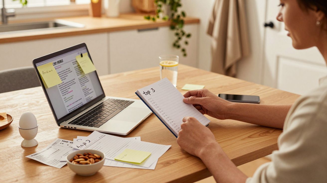 Mulher a trabalhar numa mesa com portátil, notas, bloco de listas, copo de água e prato com nozes.