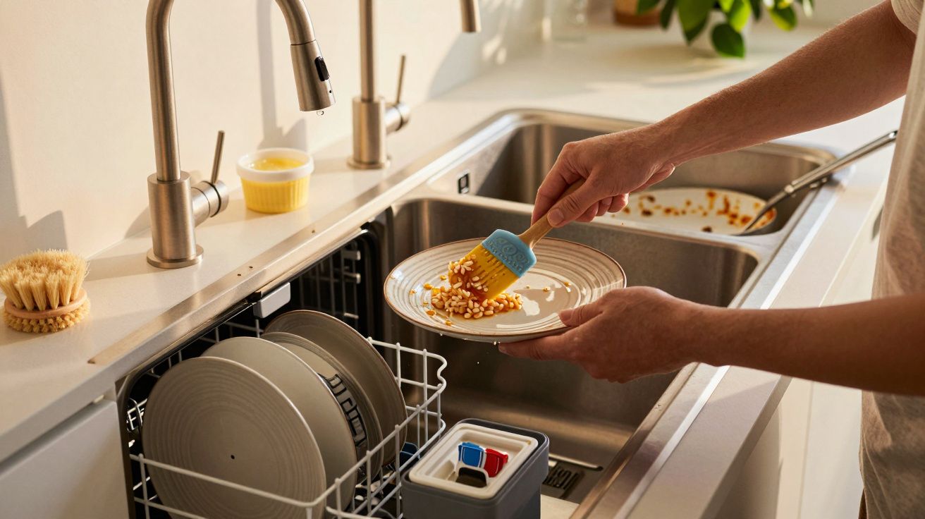 Pessoa a lavar pratos na cozinha, esfregando restos de comida, com lava-louças parcialmente aberto ao lado.