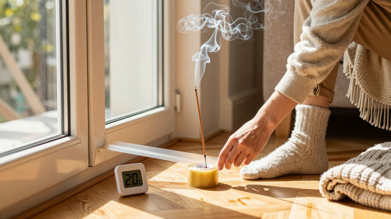 Incenso aceso junto a uma porta de vidro, com fumo subindo, um termómetro digital mostrando 20°C e uma mão ajustando o incens