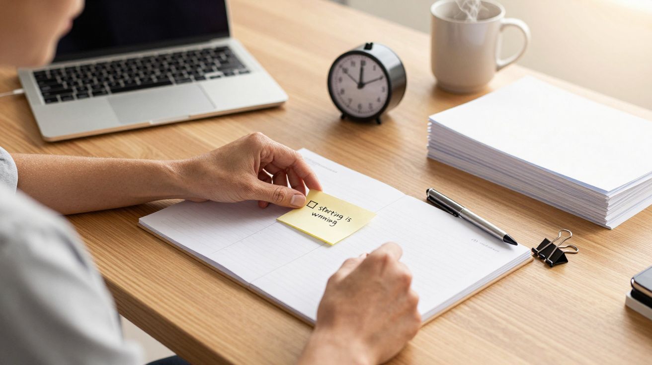 Pessoa escreve em bloco de notas numa secretária com portátil, chávena e relógio.