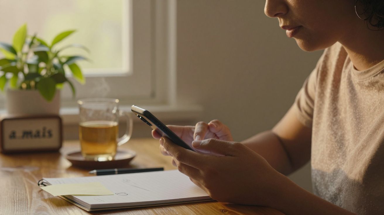 Pessoa usando smartphone à mesa com chá quente, bloco de notas e planta à janela.