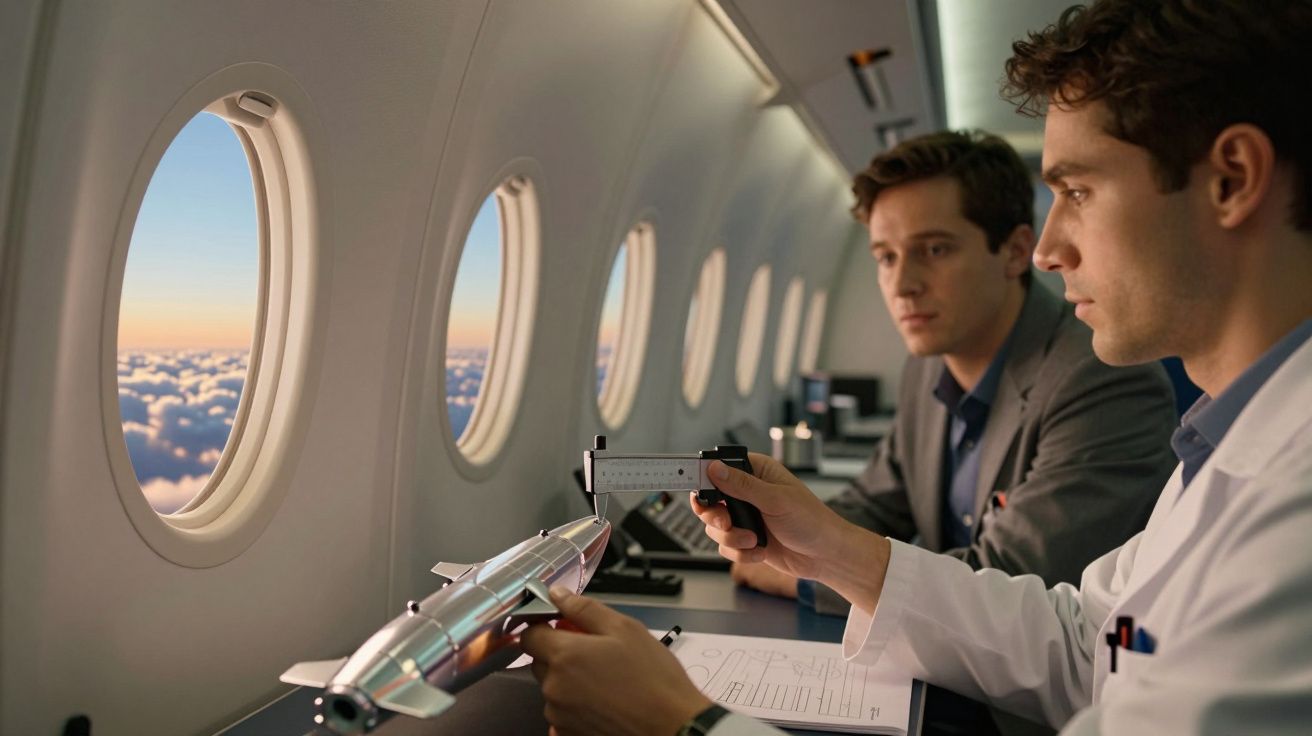 Dois homens num avião, um segurando um modelo de avião e um calibrador, olhando pelas janelas para o céu.