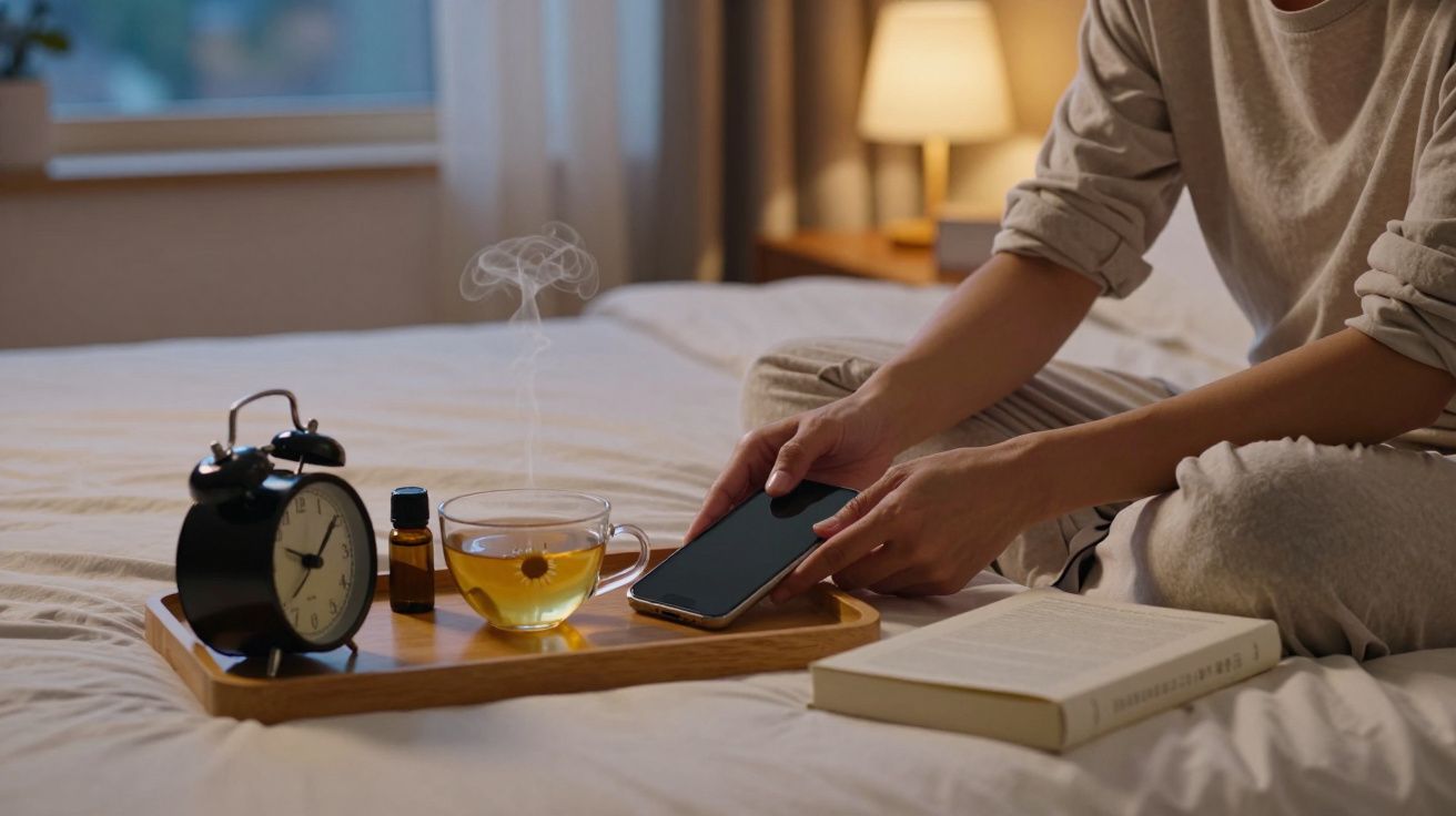 Pessoa em pijama com chá, telemóvel e despertador numa bandeja sobre a cama.