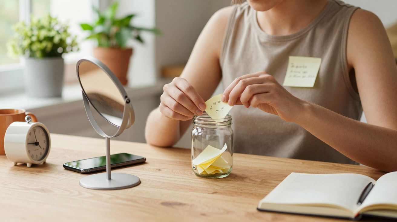 Pessoa a colocar nota adesiva num frasco de vidro sobre uma mesa com espelho, relógio, telemóvel e caderno.