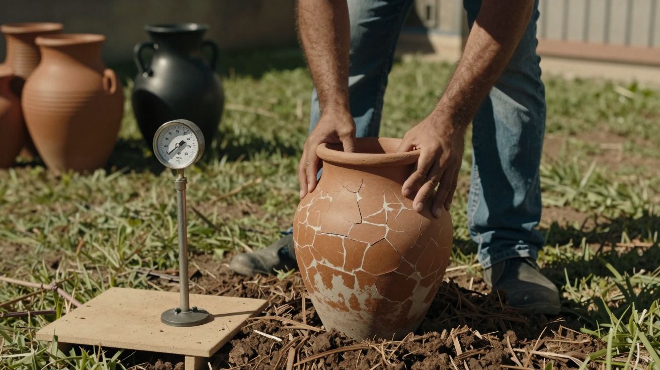Homem coloca ânfora de barro rachada no chão com um medidor ao lado, outras ânforas ao fundo sobre relva.
