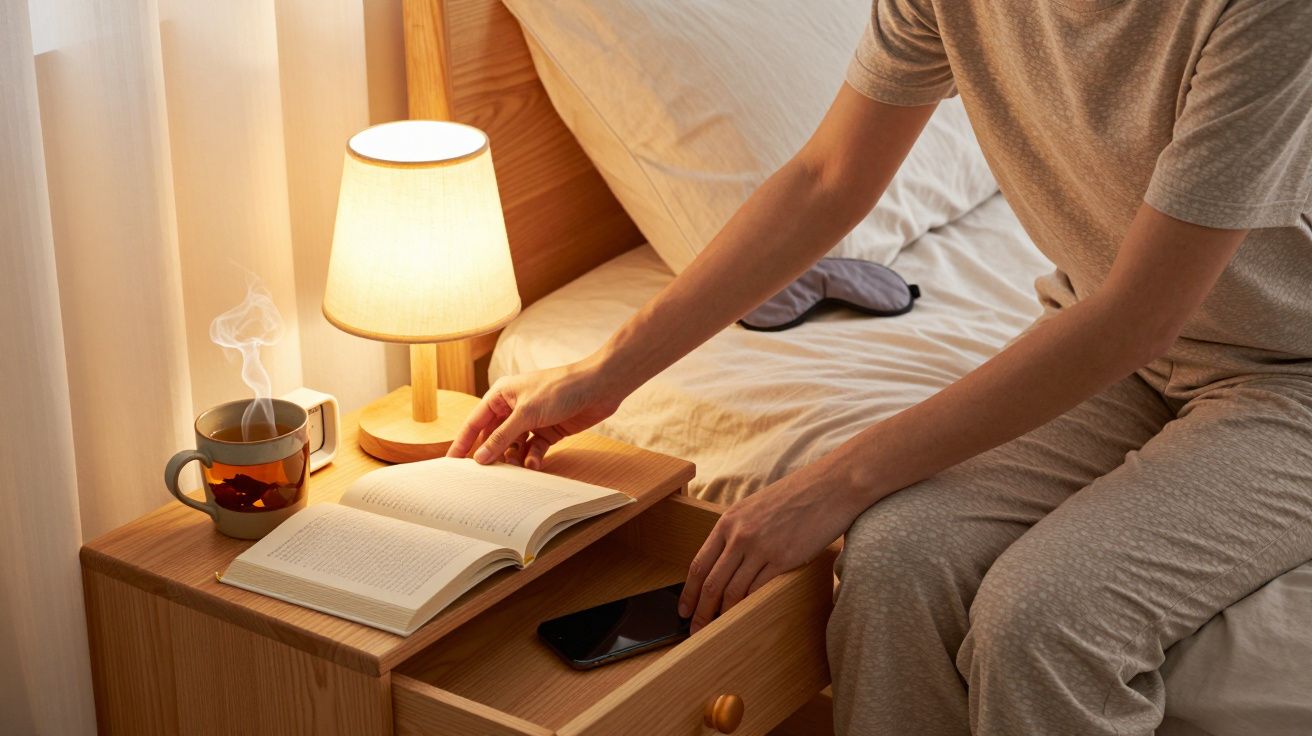 Pessoa em pijama arruma mesa de cabeceira com livro aberto, chá quente, candeeiro aceso e smartphone.