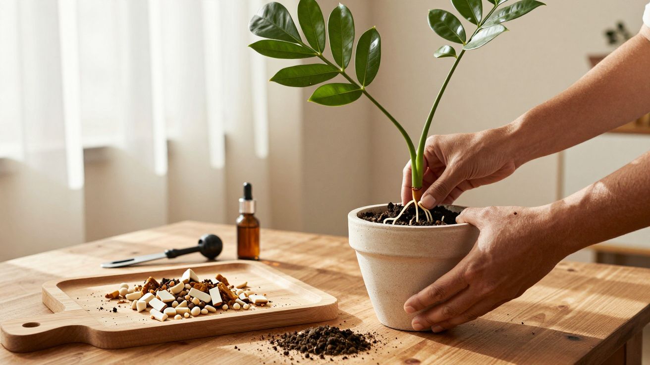 Mãos cuidam de planta em vaso branco sobre mesa de madeira com tabuleiro, ferramentas e frascos ao fundo.