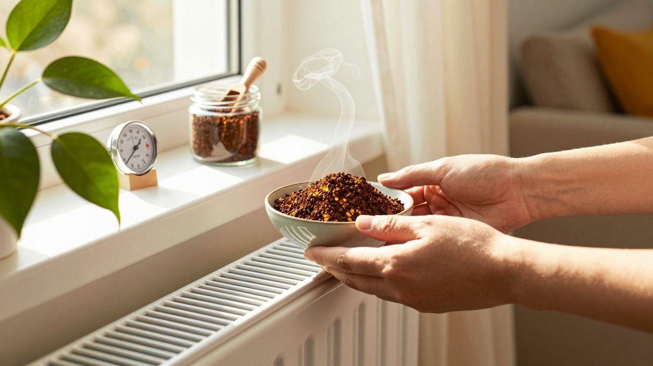 Mãos seguram uma taça de especiarias fumegantes perto de uma janela com planta e termómetro em cima do aquecedor.