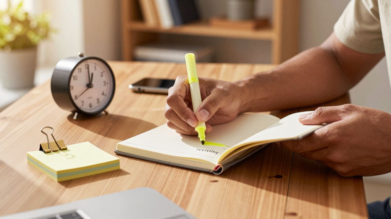 Pessoa sublinha texto num caderno com marcador amarelo, num escritório com relógio, telemóvel e laptop.