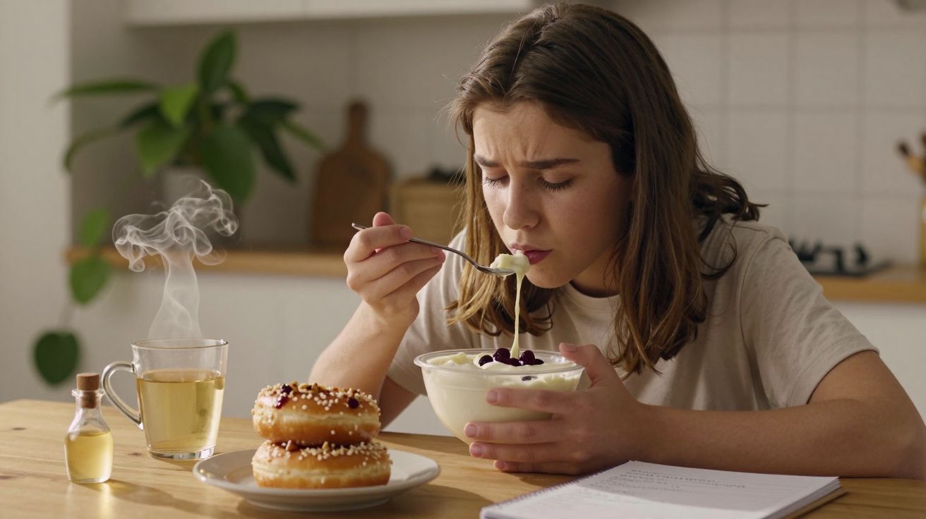 Mulher jovem a comer uma tigela de iogurte com bagas numa cozinha, com chá e donuts na mesa.