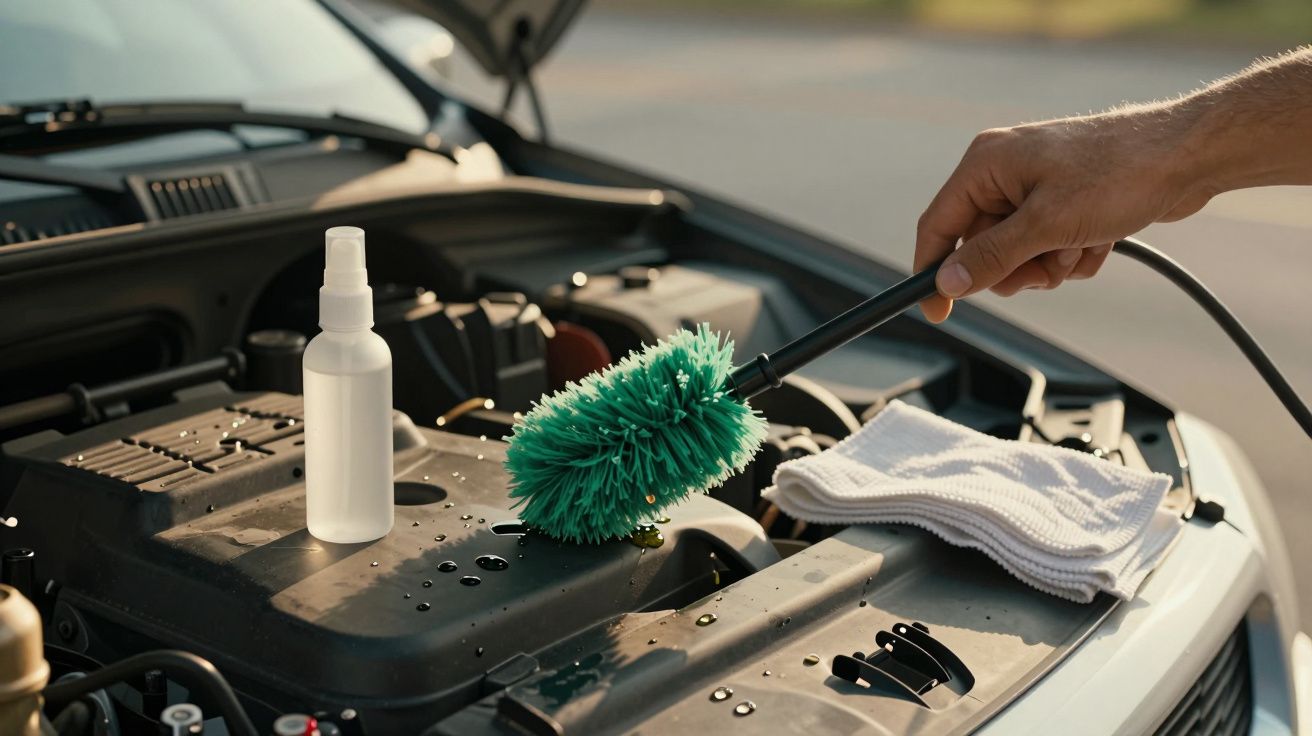 Mão a limpar o motor de um carro com escova verde, spray e pano branco ao lado.
