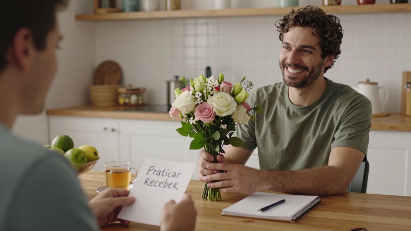 Homem sorridente recebe um ramo de flores, sentado à mesa; outro segura um papel com "Praticar Receber".