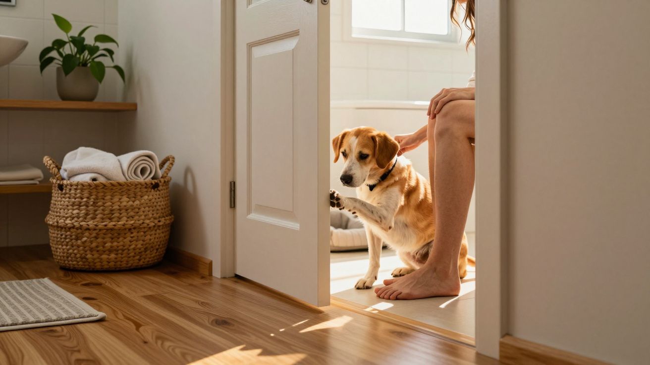 Pessoa sentada no chão da casa de banho, acariciando um cão junto à porta aberta. Cesto de toalhas ao fundo.