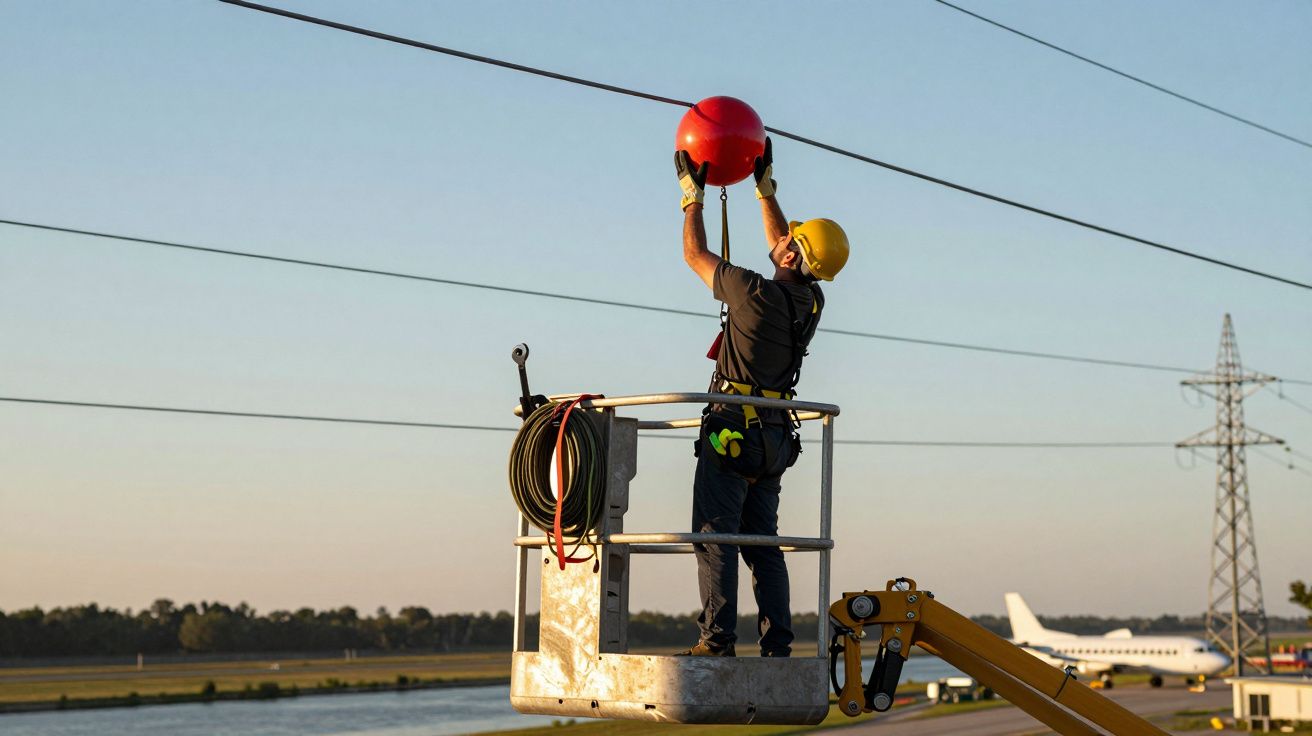 Trabalhador em plataforma aérea instala esfera vermelha em cabos elétricos perto de aeroporto, avião ao fundo.