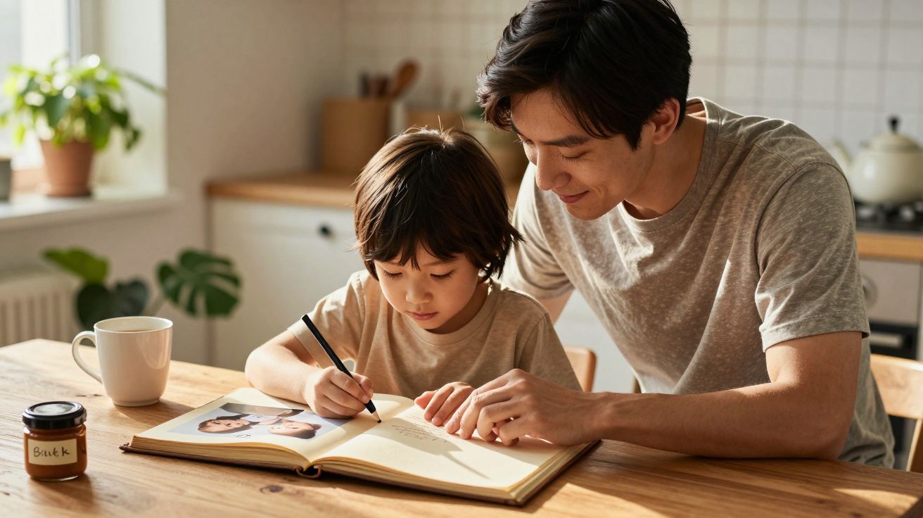 Pai e filho desenham num álbum numa cozinha bem iluminada. Há uma caneca e um frasco em cima da mesa.