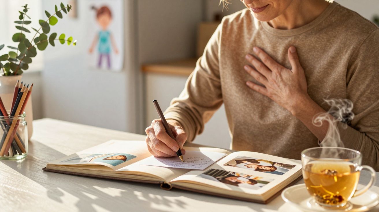 Mulher escreve em diário ao lado de chá e lápis, à luz do sol.