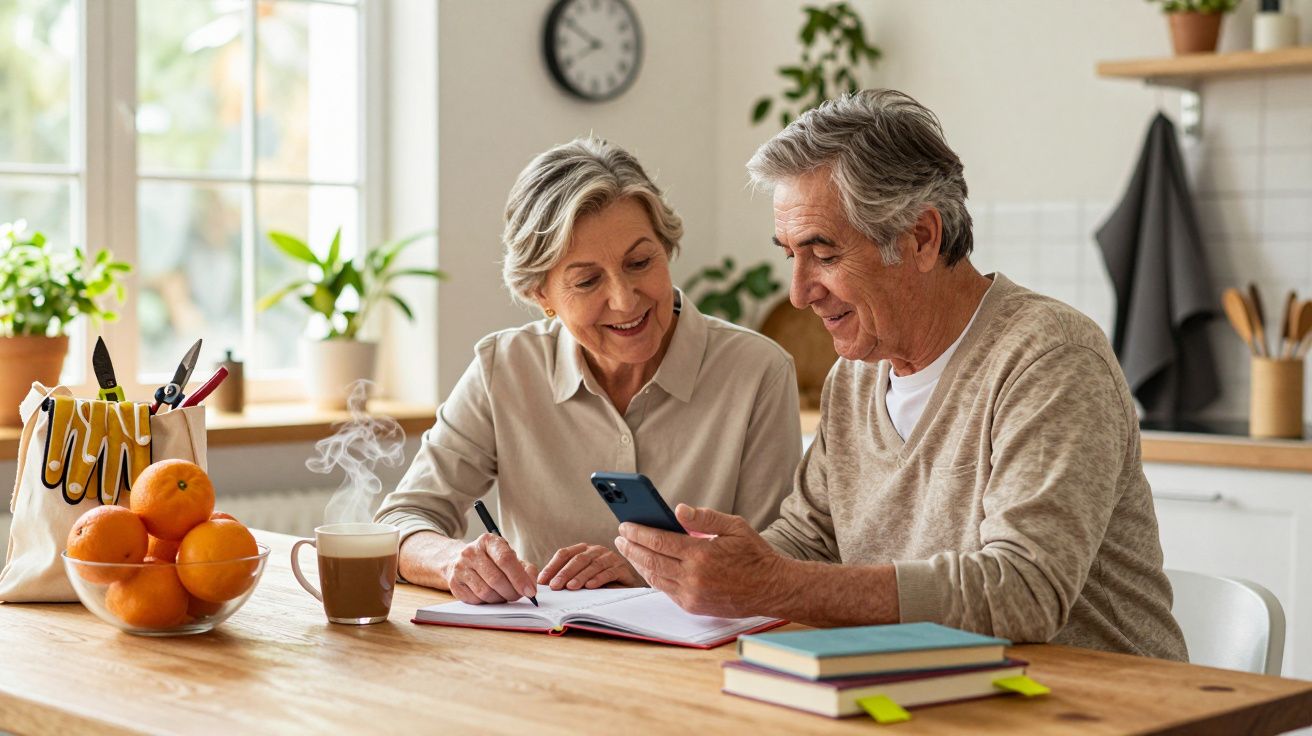 Casal sénior sorridente sentado à mesa da cozinha, a usar telemóvel e a ler um livro, com laranjas e café ao lado.