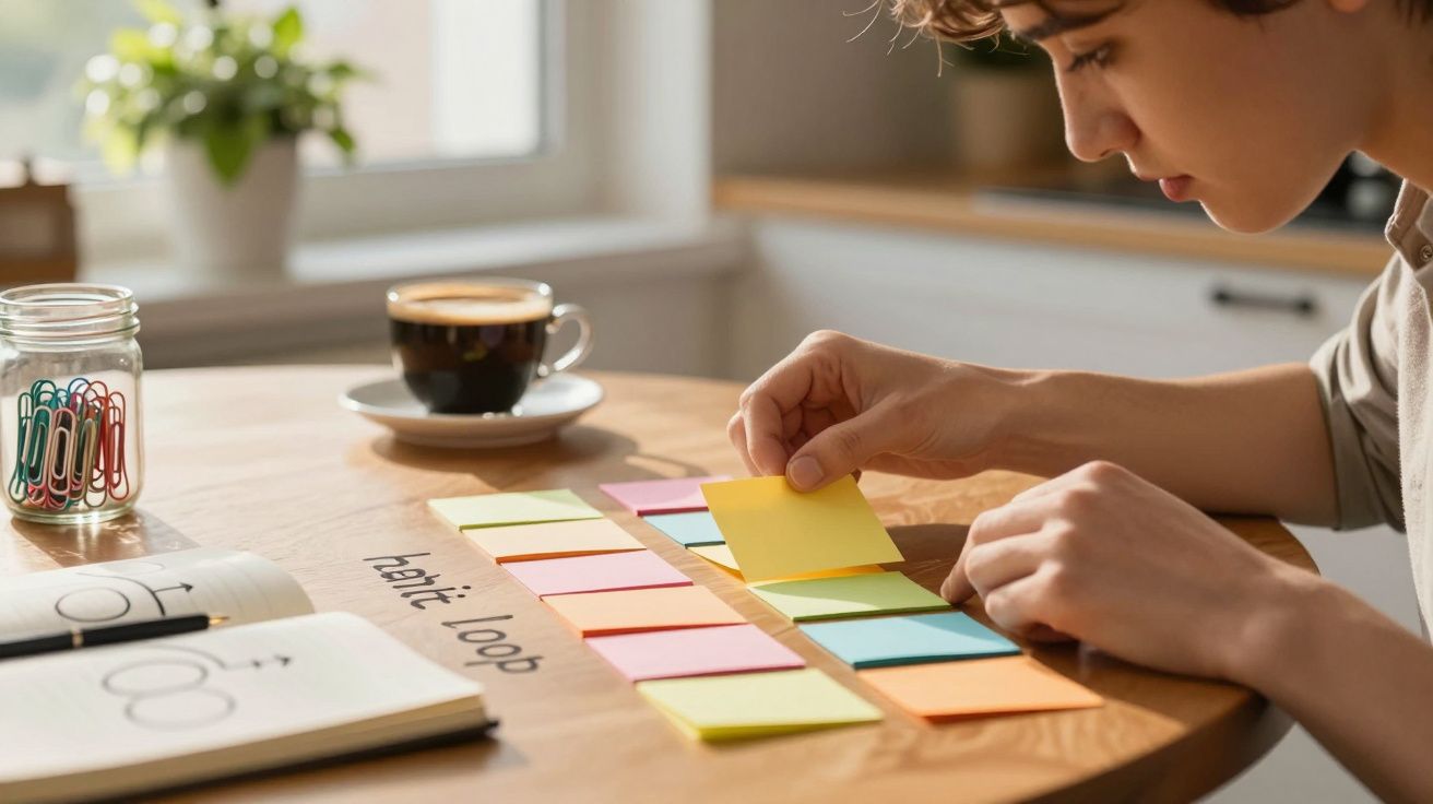 Pessoa organiza notas coloridas numa mesa com um café, um frasco de clipes e um caderno aberto.