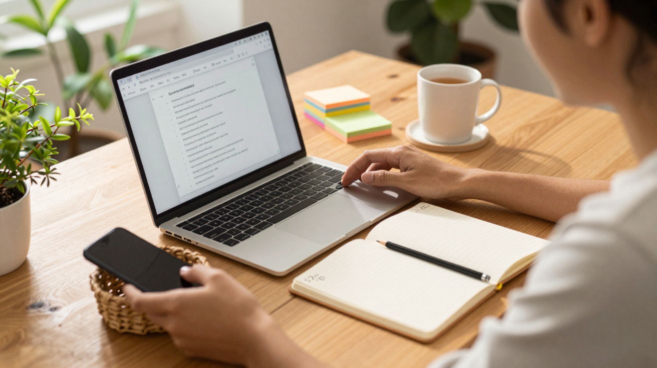 Pessoa trabalha num portátil numa mesa com caderno, telemóvel, café e plantas.