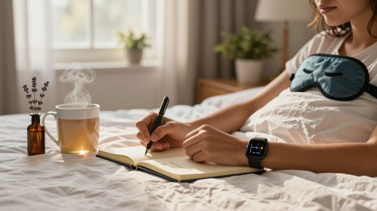 Mulher na cama a escrever num caderno com chá e máscara de sono ao lado.