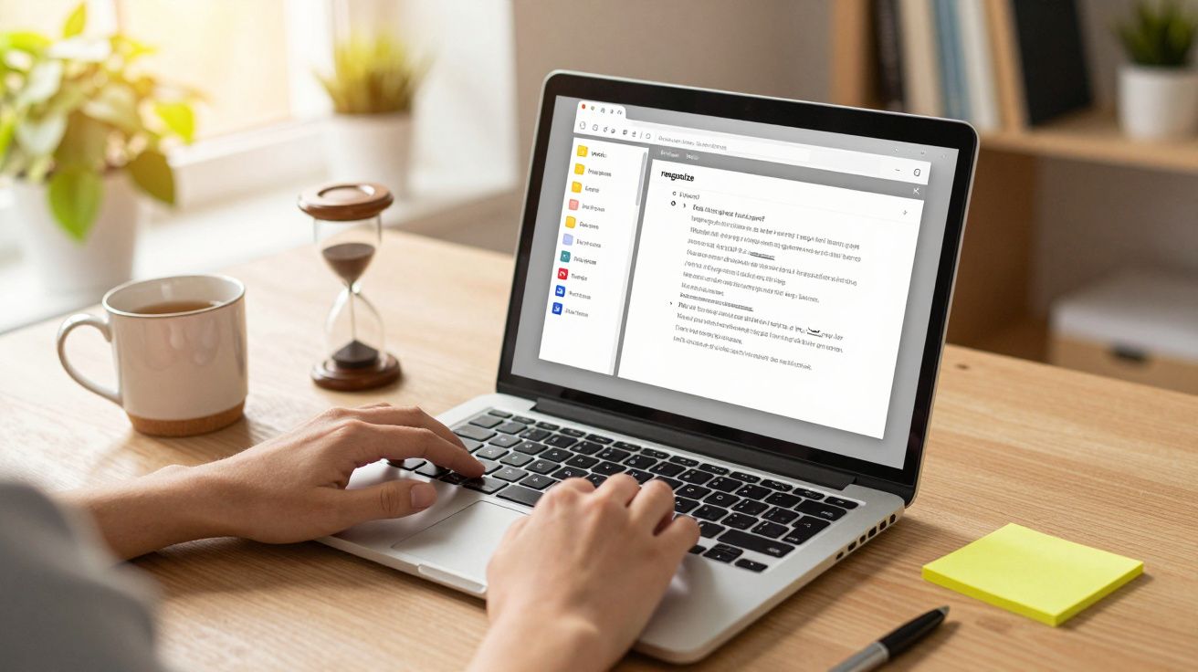 Pessoa a usar laptop com e-mail aberto, numa mesa de madeira, junto a bloco de notas amarelo e ampulheta.