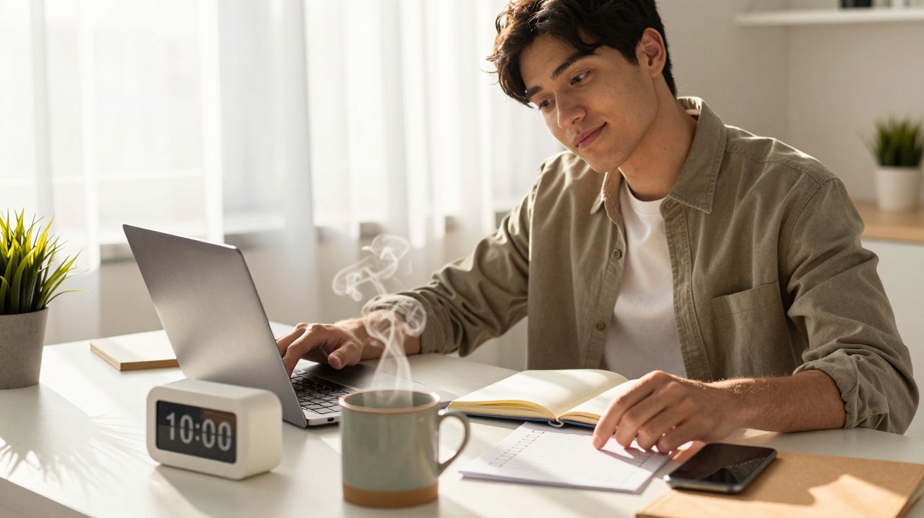 Homem trabalha no portátil com caderno aberto, chávena de café e relógio a apontar 10:00 na mesa iluminada por luz natural.