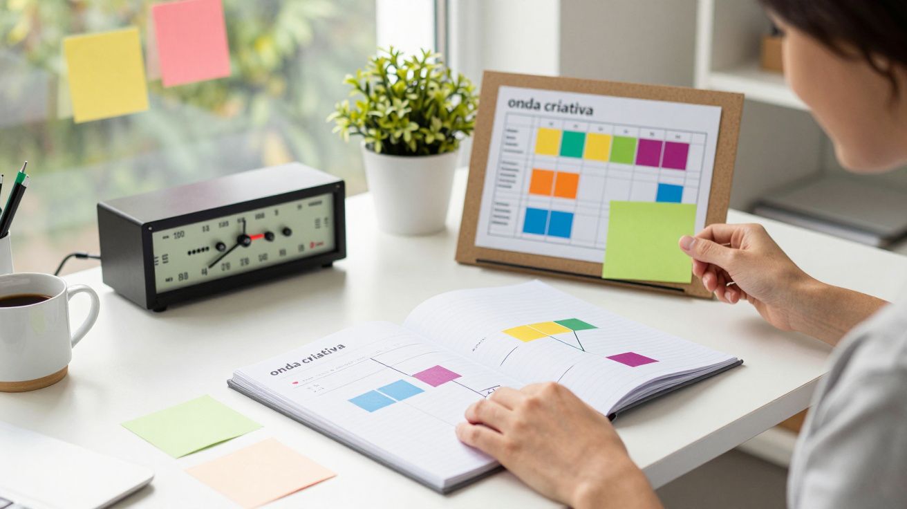 Pessoa na secretária organiza notas coloridas, com livro, relógio e planta.