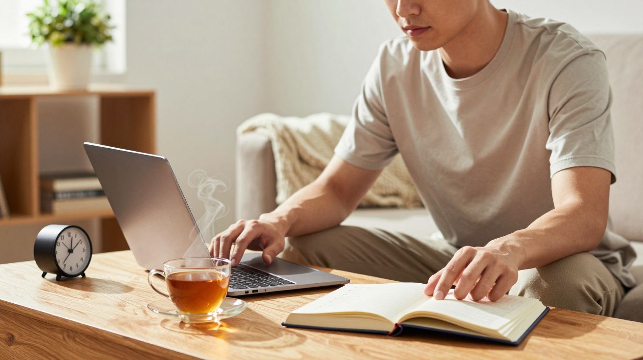 Homem sentado no sofá usando laptop e livro, chá e despertador sobre a mesa de madeira.