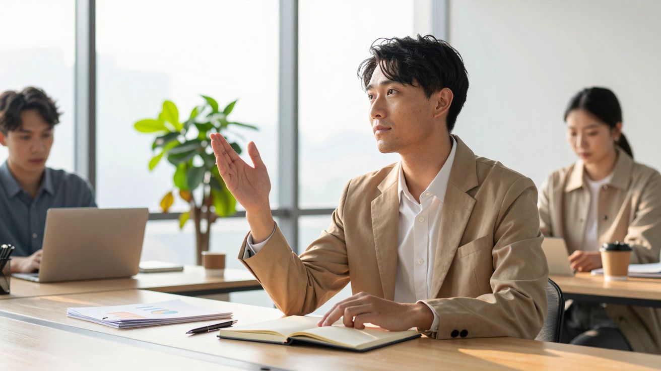 Homem sentado numa sala de reuniões, a gesticular, com colegas ao fundo a trabalhar em computadores portáteis.