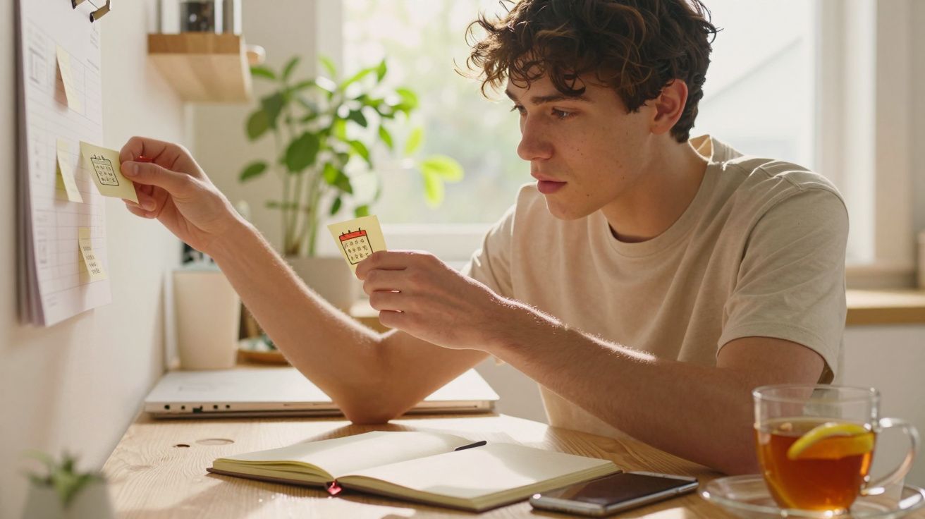 Jovem coloca nota adesiva no quadro de tarefas, com chá, caderno e planta ao fundo.