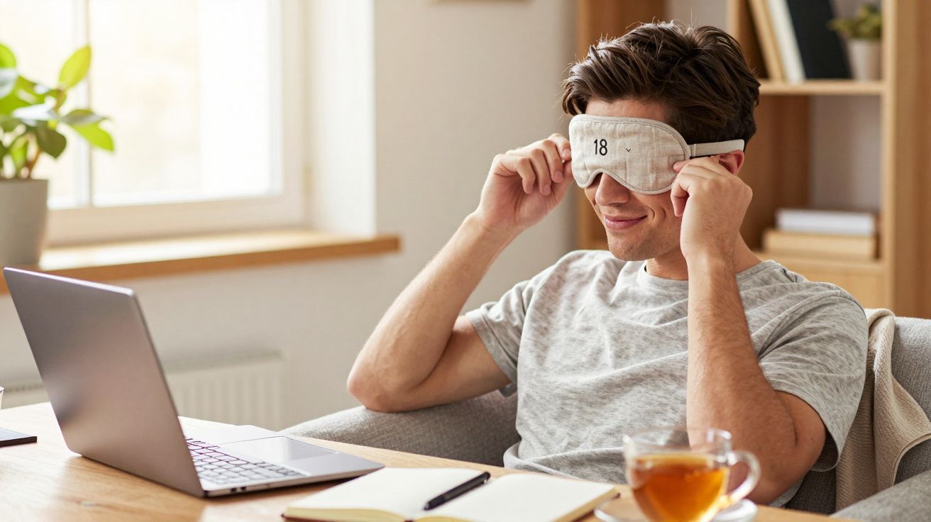 Homem sentado à mesa com portátil, chávena à frente, ajustando uma venda nos olhos numerada com 18.
