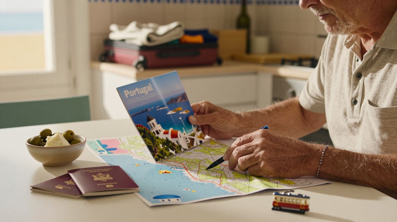 Homem consulta mapa e brochura de Portugal numa mesa, ao lado de passaportes, azeite e mala ao fundo.