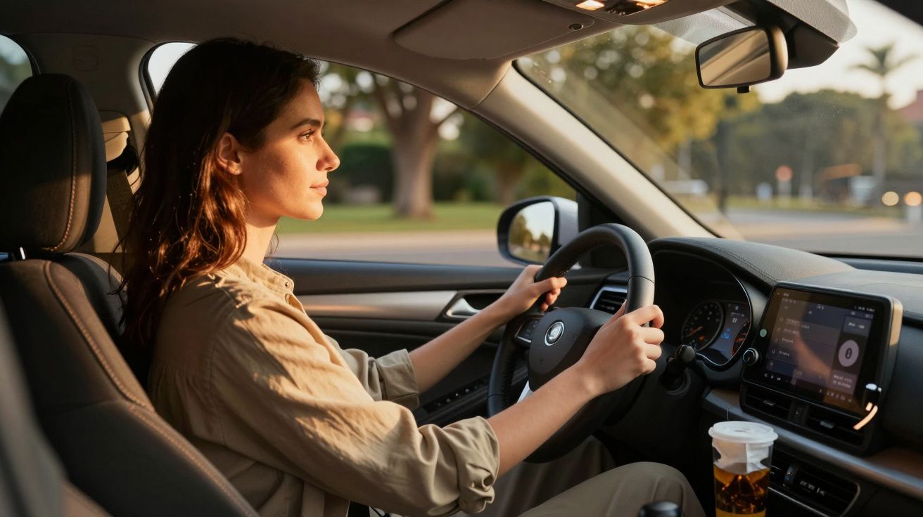 Mulher a conduzir um carro durante o dia, com um copo de bebida no suporte do painel.