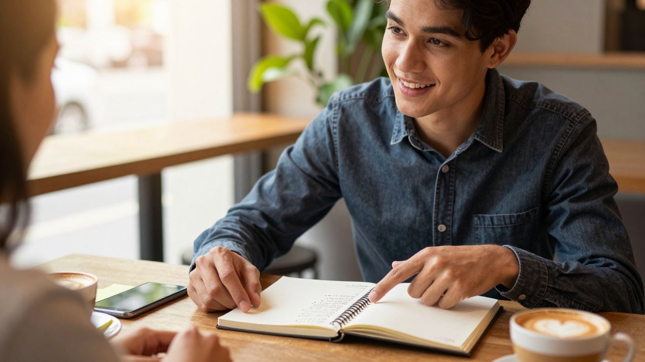 Homem sorridente aponta para caderno aberto numa mesa de café, conversando com outra pessoa, com cafés à frente.