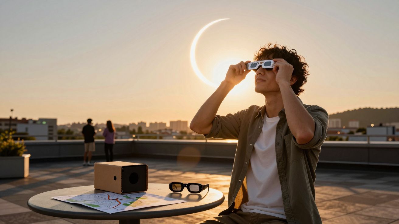 Homem observa eclipse solar com óculos especiais num terraço, enquanto outras pessoas também contemplam o evento.