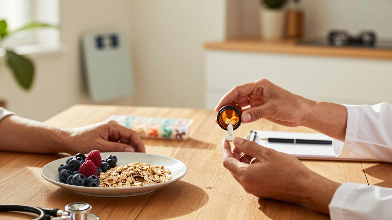 Médico mostrando comprimidos a paciente, com prato de aveia e frutos vermelhos sobre mesa de madeira.