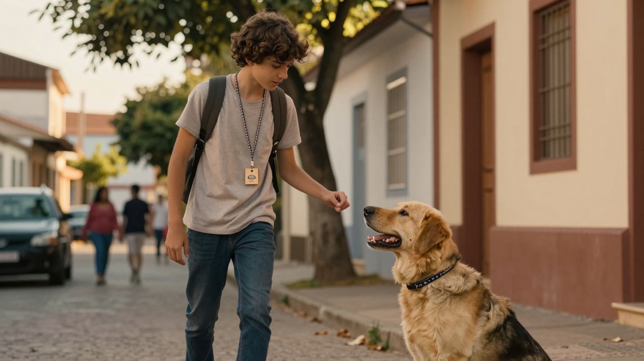 Rapaz com mochila e crachá caminha ao lado de um cão dourado numa rua tranquila com árvores e casas ao fundo.