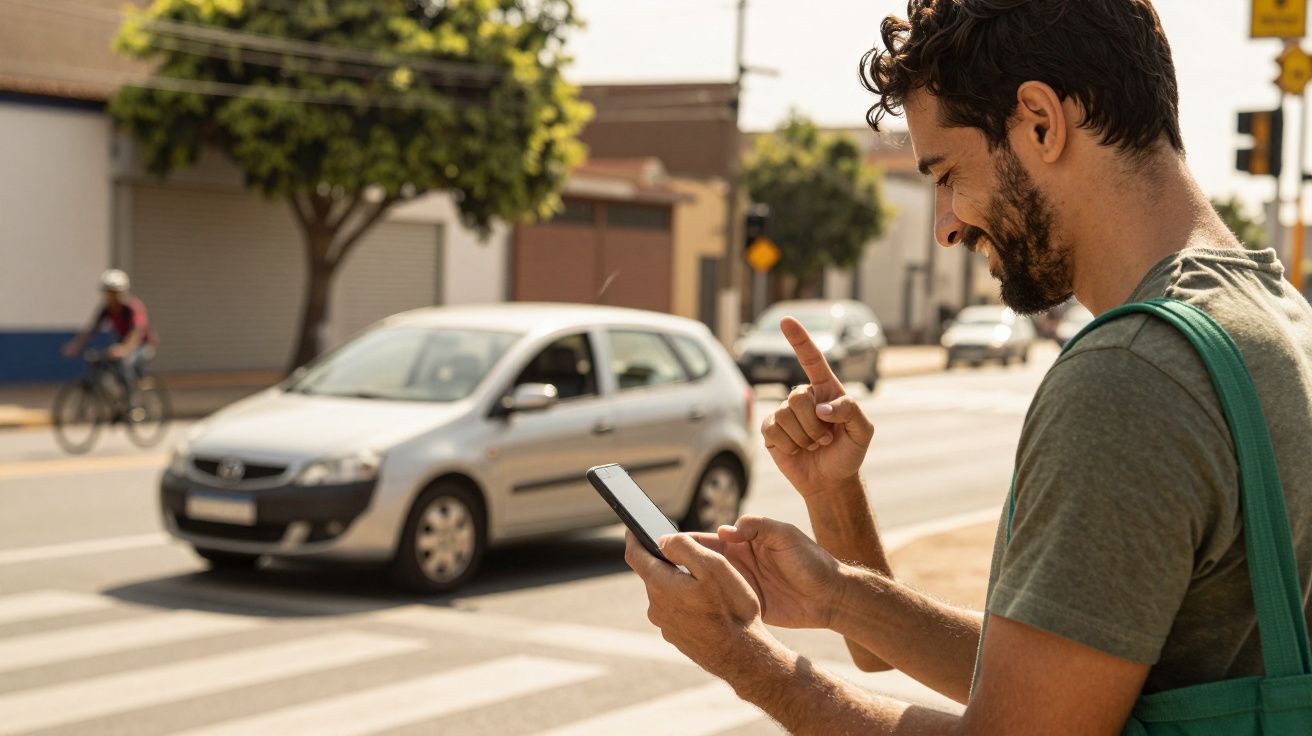 Homem sorridente na passadeira usa smartphone com carro e ciclista ao fundo em dia ensolarado.