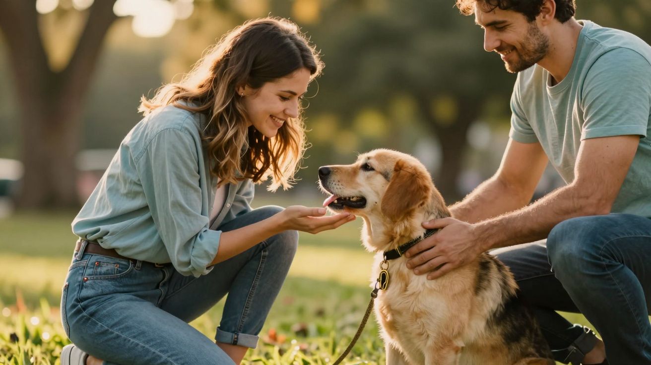 Mulher e homem a acariciar um cão numa área verde, ambos sorridentes e relaxados.