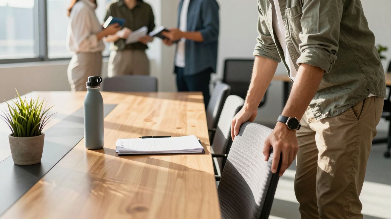 Homem a levantar-se de uma cadeira numa sala de reuniões, com mesa de madeira, bloco de notas e garrafa.