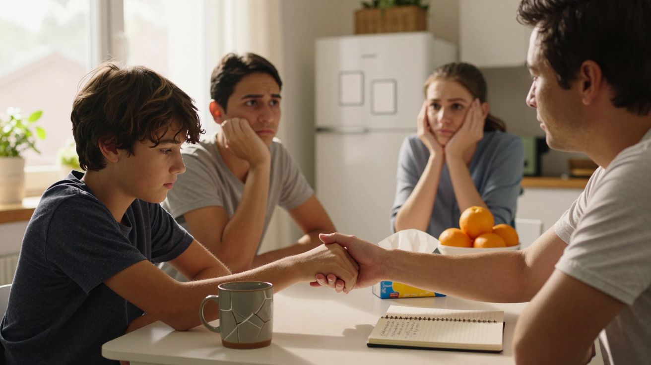 Quatro pessoas sentadas à mesa, parecendo preocupadas, enquanto duas se apertam as mãos.