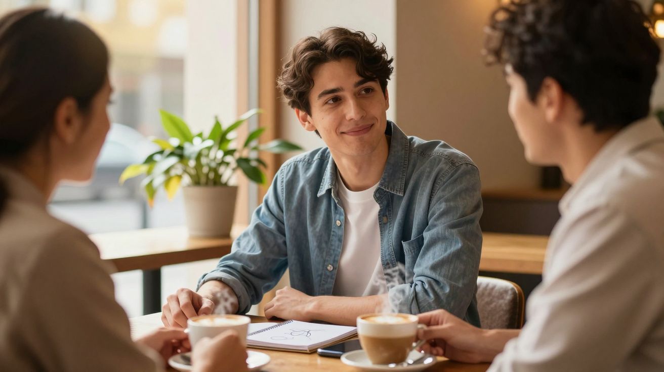 Três pessoas conversam numa cafetaria, duas a beber café, uma segura um tablet. Fundo com planta e janela.